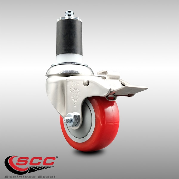 3.5 Inch 316SS Red Poly Swivel 1-5/8 Inch Expanding Stem Caster Lock Brake SCC